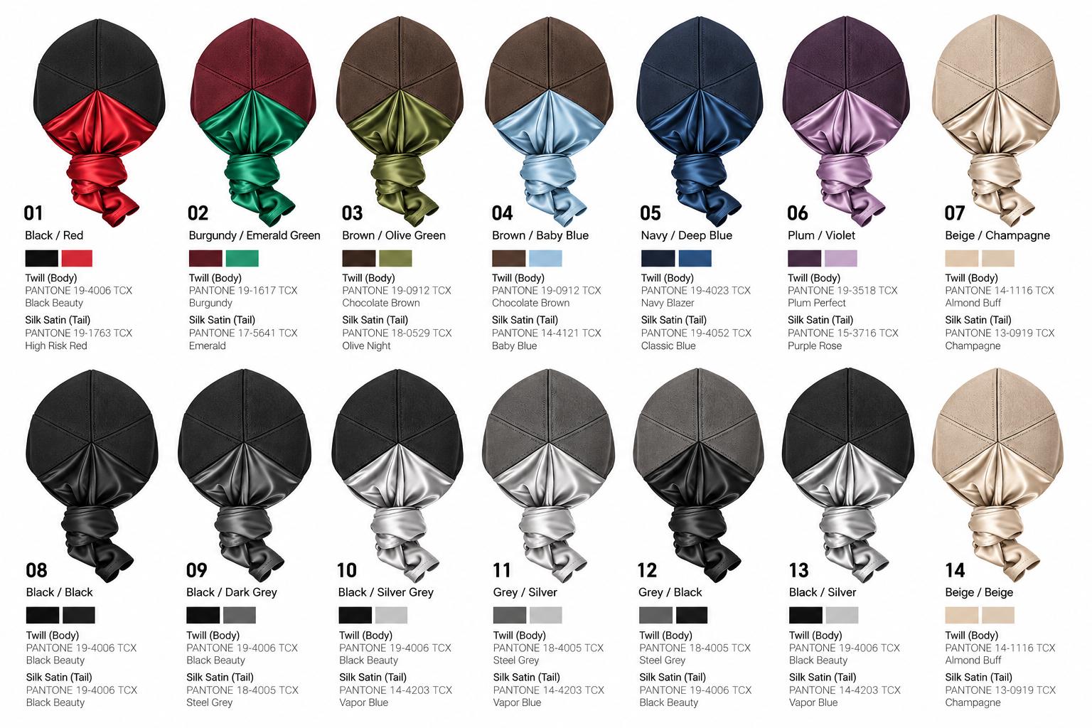 TIECAP One colour palette, fourteen numbered rear-view combinations, each with its twill body and silk-satin tail colour and Pantone reference