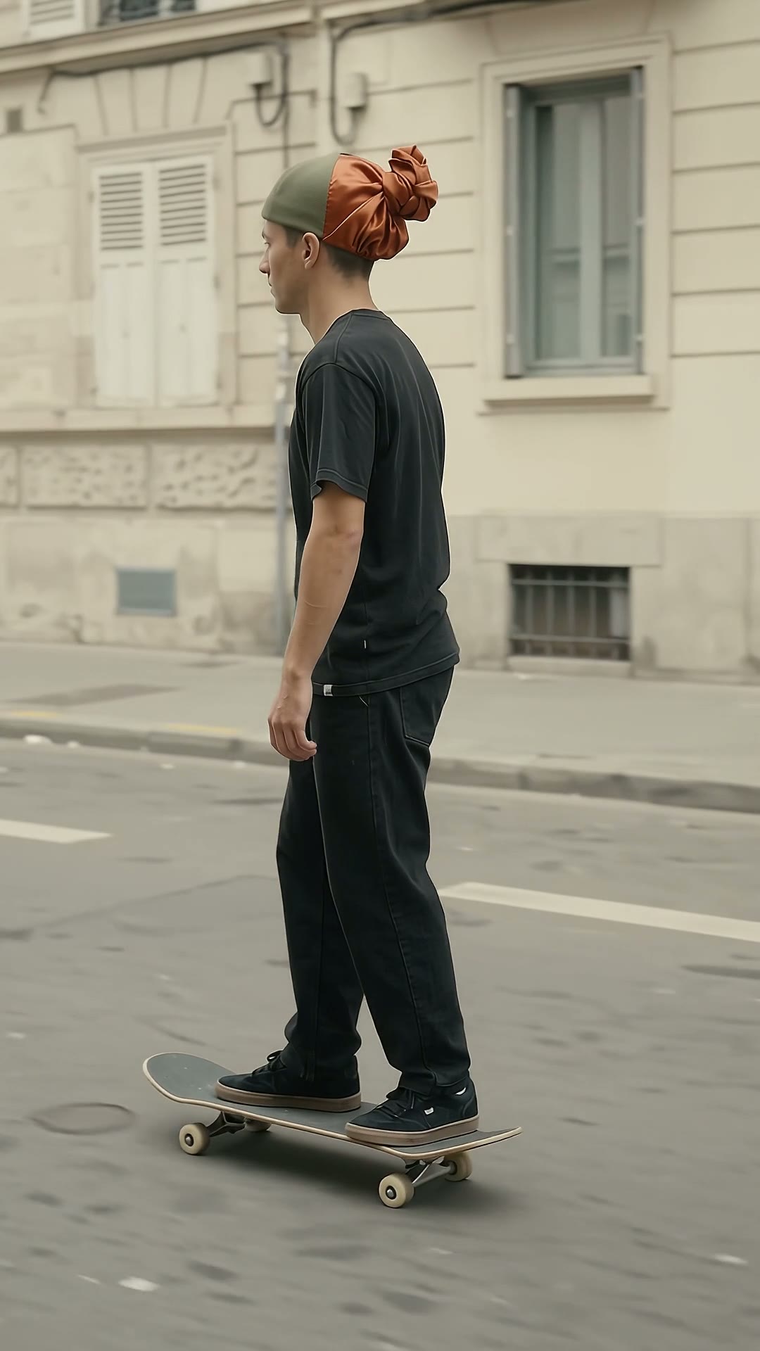 Skateboarder wearing an olive TIECAP with orange rear silk