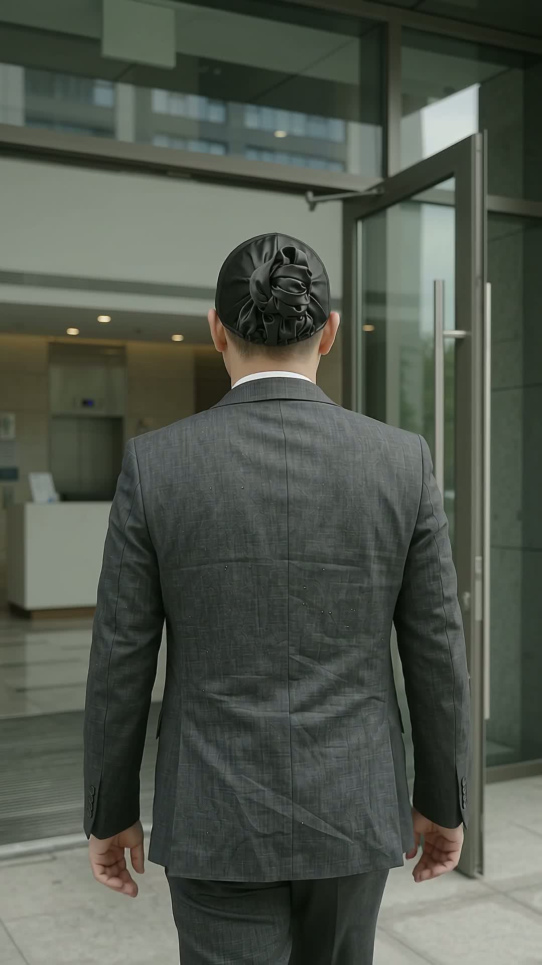 Man in a suit walking forward wearing a brimless black cotton twill TIECAP with a black satin rear knot