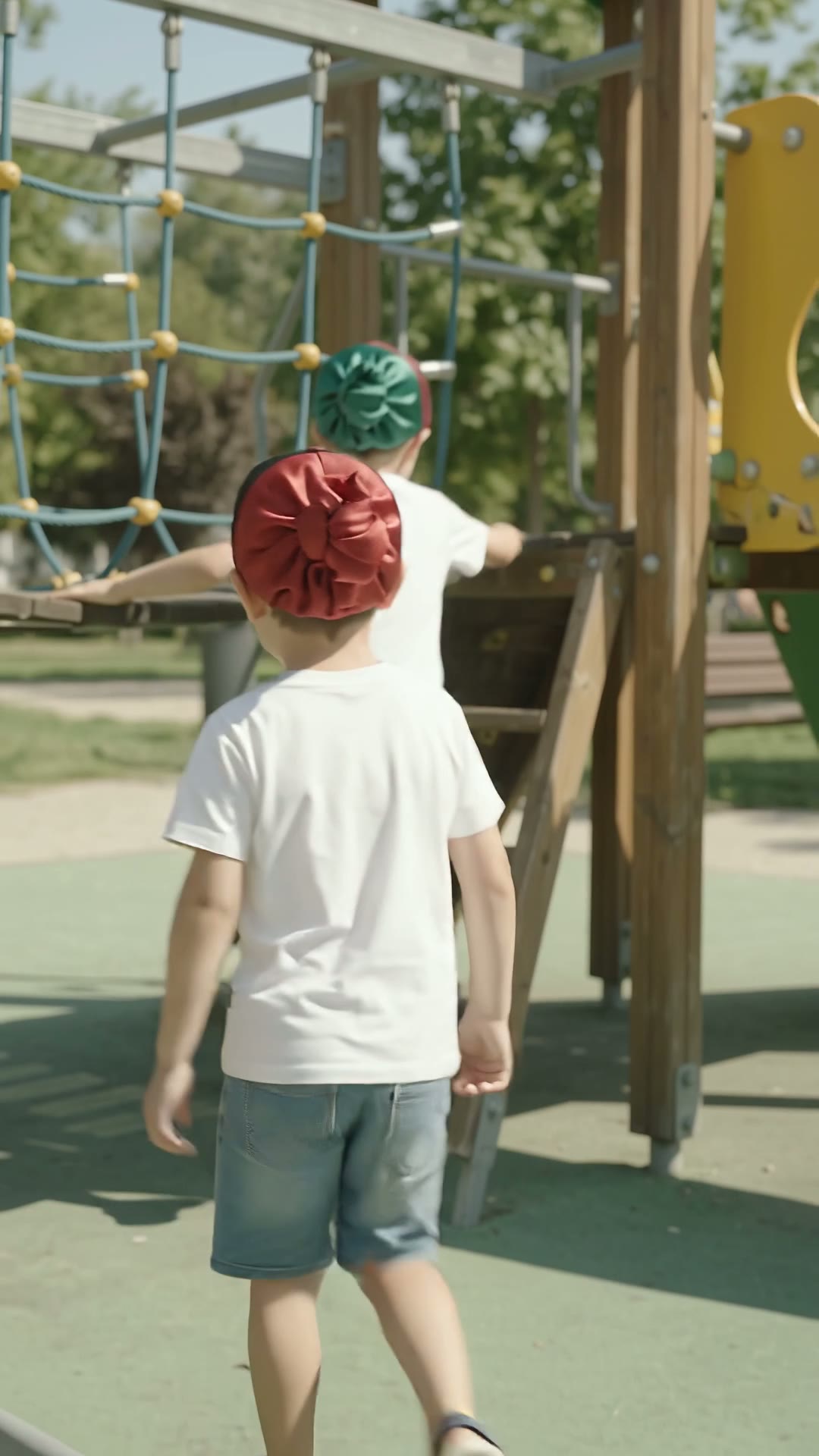 Two boys playing in snug TIECAPs with contrasting rear silk