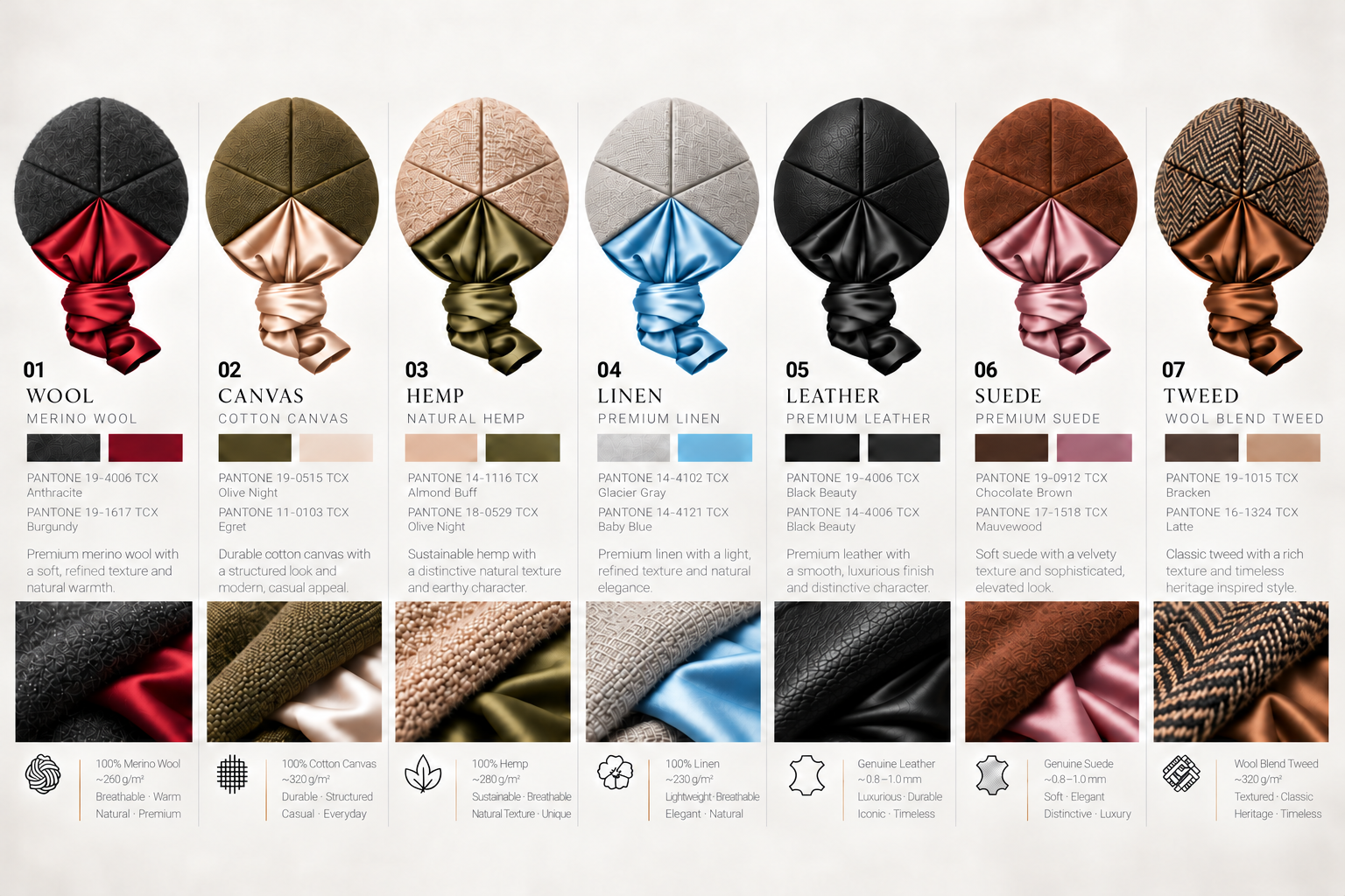 TIECAP Limited Edition materials, seven numbered rear-view caps in merino wool, cotton canvas, natural hemp, premium linen, leather, suede and wool-blend tweed, each with its satin knot colour and Pantone reference