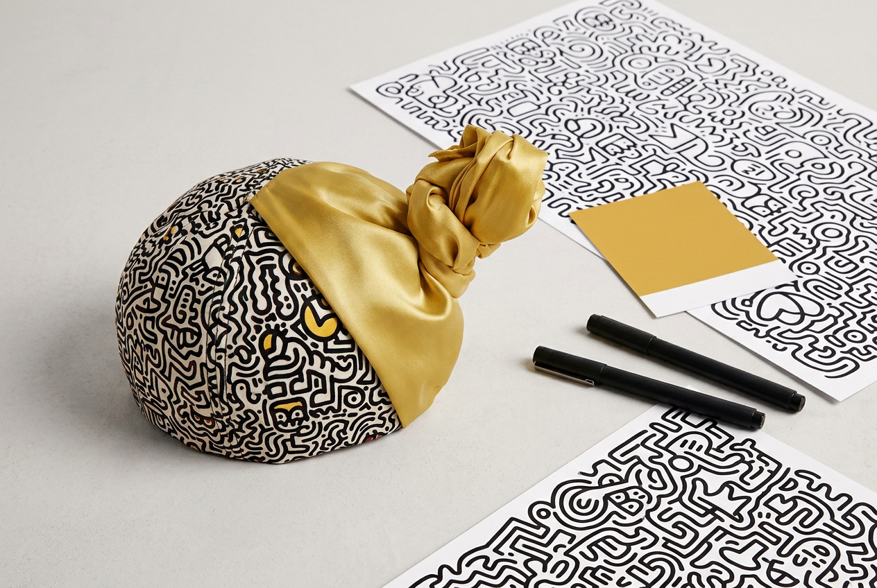 Illustration-print TIECAP with gold rear silk beside matching artwork, a colour sample and drawing pens