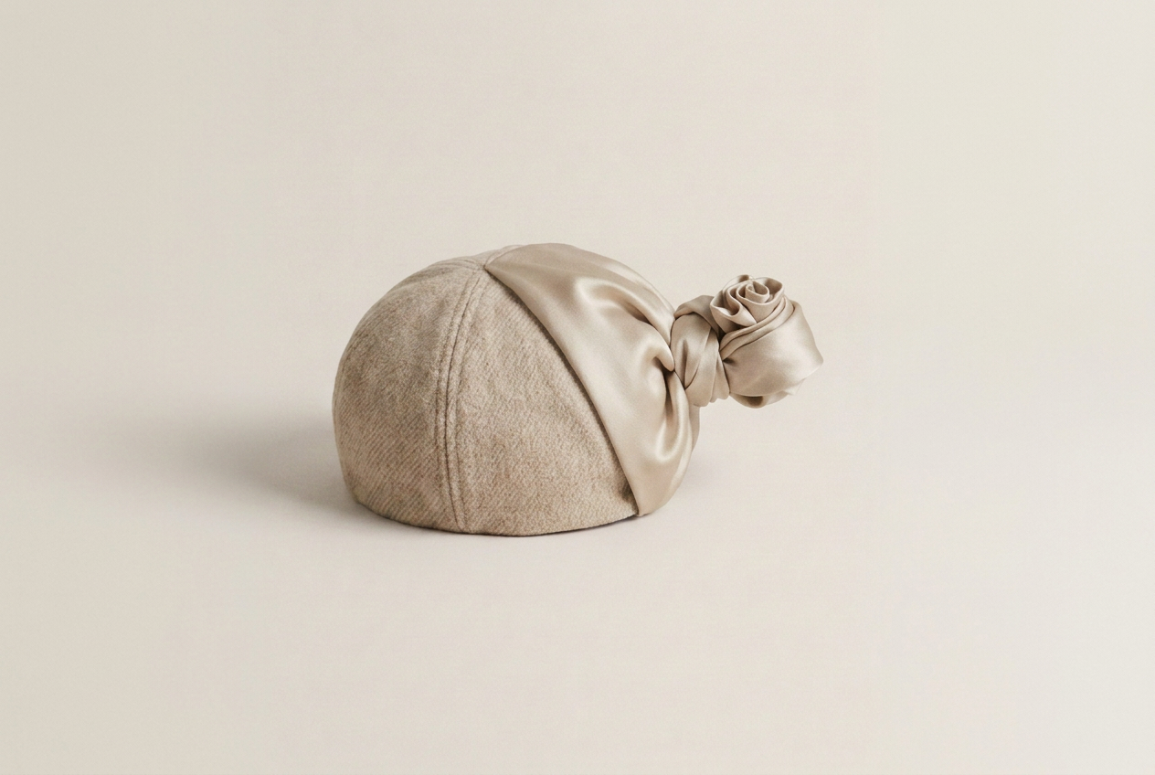 Oatmeal wool TIECAP with matching satin rear panel and high knot